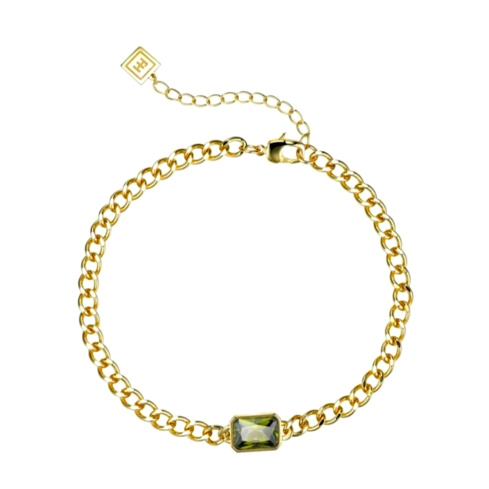 F+H Studios 18k Gold Plated Peridot Green Gemstone "Volt" Choker Necklace